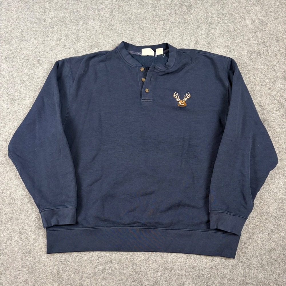 Deer Henley Sweatshirt Mens XL Blue Embroidered Head Hunting Nature Outdoors